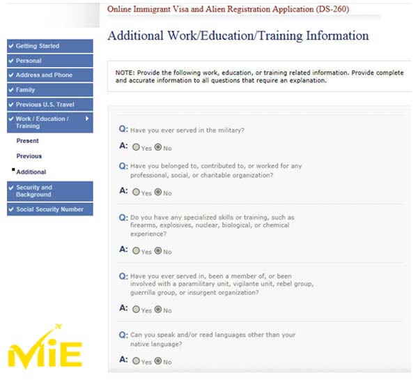 فرم DS-260 اطلاعات تحصیلات و آموزش